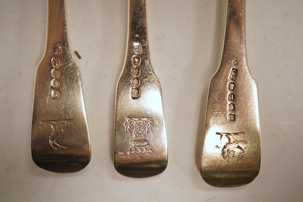 A matched set of six George III fiddle pattern silver table forks, all London, 1810, various makers, including three by Godbehere, Wigan and Bolt, 13.7oz.